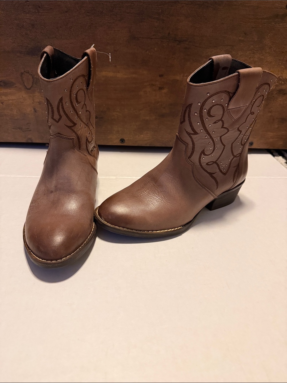 Women's Brown Western Ankle Boots with Studded Stitching